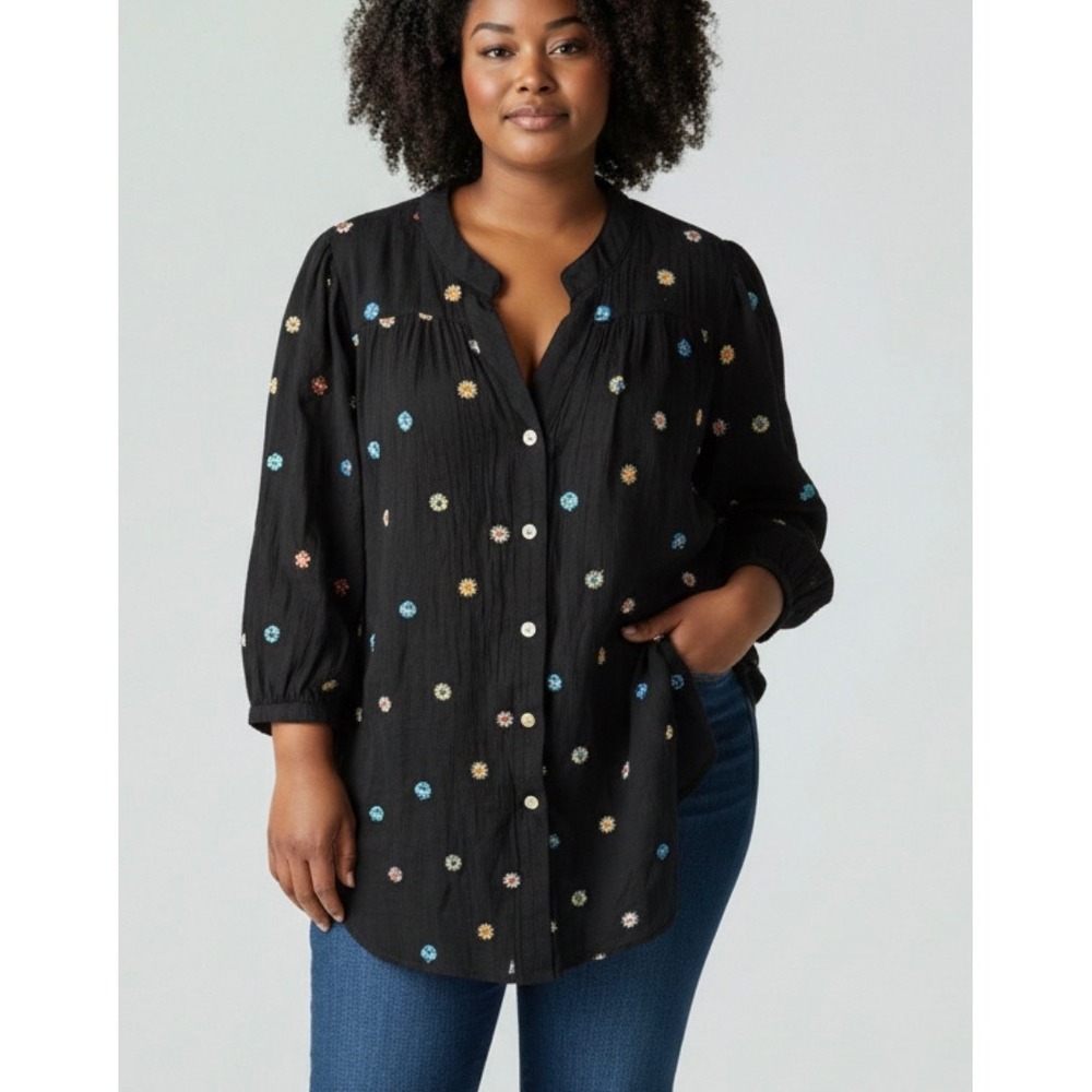 Figueroa & Flower Womens XL Black Crinkle Embroidered Floral Tunic Button Top